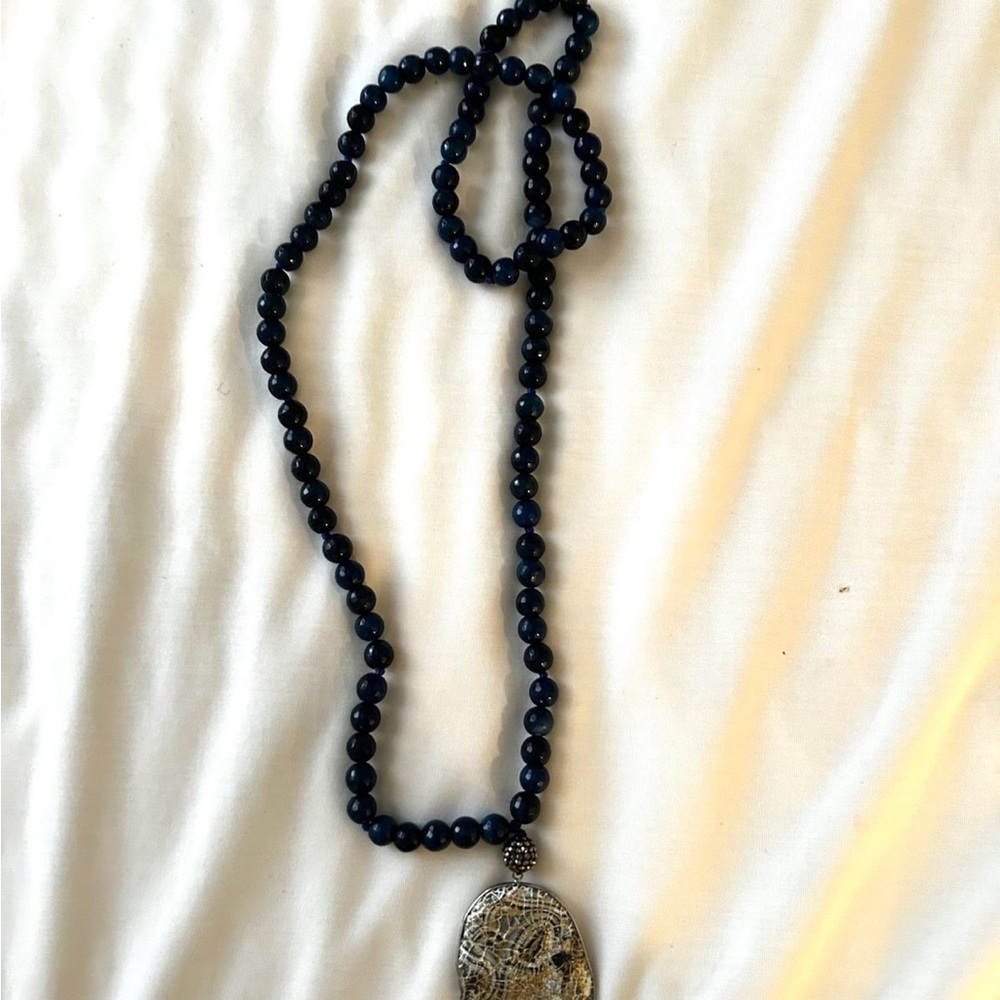 Elegant navy  Beaded Necklace with Intricate Pendant from saks